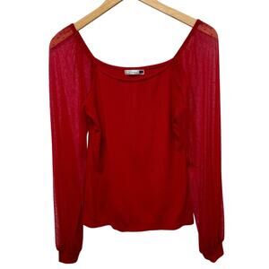 Womens Red Sheer‎ Puff Sleeve Ribbed Size Small
